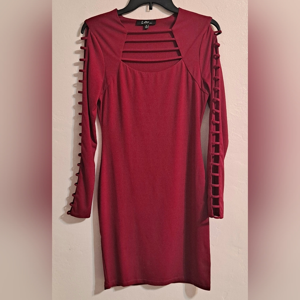 Red Bodycon Long Sleeve Mini Dress with Ladder Cut Sleeves and Neckline